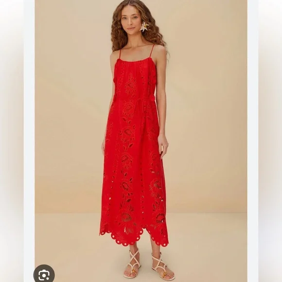 FARM Rio Richelieu Linen Sleeveless Eyelet Dress Tuckernuck Anthropologie Red - Picture 3 of 17